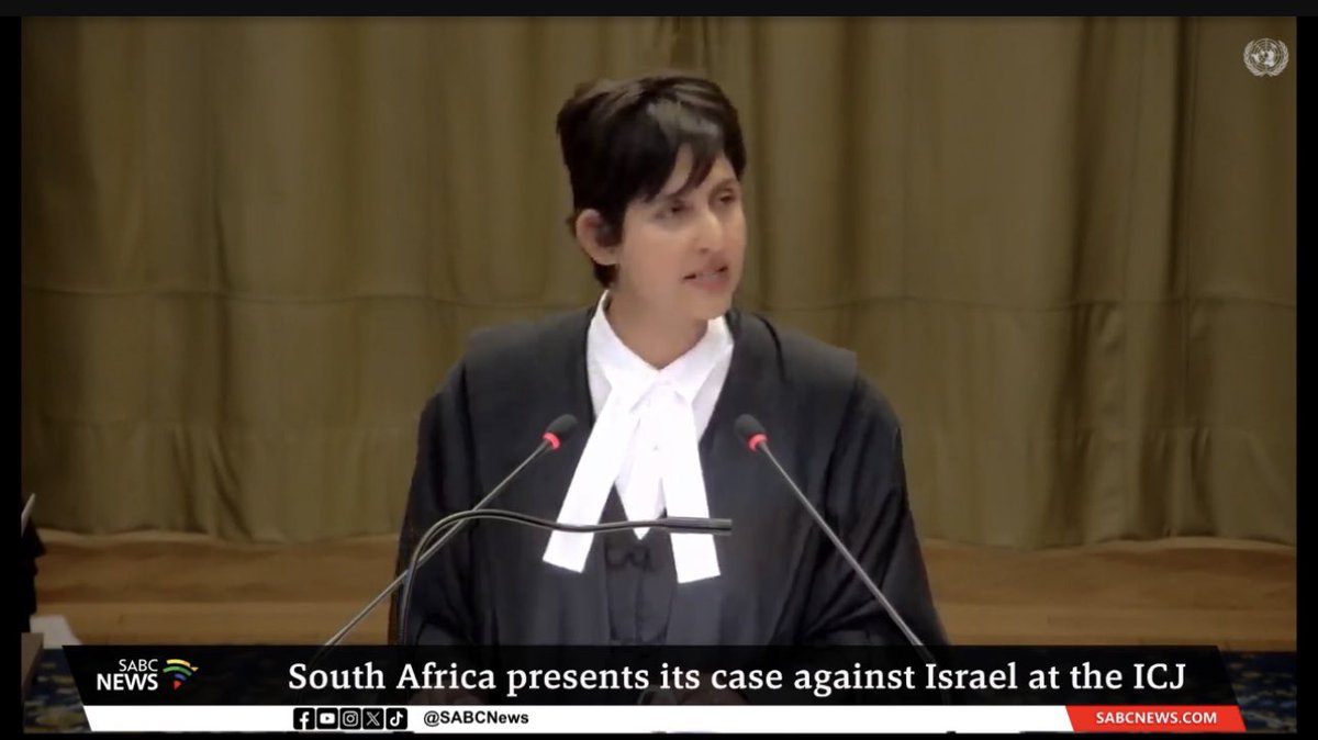 ShaykhSulaiman's tweet photo. BREAKING: SOUTH AFRICA’S ADILA HASSIM SPEAKS

“This is a case that underscores the very essence of our shared humanity as expressed in the pre-emble to the Genocide Convention.

“South Africa contends that Israel has transgressed Article 2 of the Convention by committing actions that fall within the definition of genocide. The actions show systematic patterns of conduct from which genocide can be inferred.”

Hassim continues by saying that the “first genocidal act is mass killing of Palestinians in Gaza” while showing photos of mass graves where bodies were buried, “often unidentified”.

“Israel deployed 6,000 bombs per week. At least 200 times, it has deployed 2,000 pound bombs in southern Gaza which it designated safe.

“No one is spared. Not even newborns. UN chiefs have described it as a graveyard for children.”

Gaza is one of the two constituent territories of the Occupied Palestinian Territories occupied by Israel since 1967.
It is a narrow strip of approximately 365 square kilometres.

Israel continues to exercise control over the space territorial waters, land crossings, water, electricity and electromagnetic sphere and some of the infrastructure in Gaza as well as over key governmental functions.

Entry and exit by air and sea to Gaza is prohibited, with Israel operating the only two crossing points.

Gaza, which is one of the most densely populated places in the world, is home to approximately 2.3 million Palestinians, almost half of them children.

"Israel’s second genocidal act"

Hassim continues to speak, moving on to what she defines as Israel’s second genocidal act. Here are her points:

Israel’s infliction of serious bodily or mental harm to Palestinians in Gaza is in violation of Article 2B of the Genocide Convention.

Israel’s attacks have left close to 60,000 Palestinians wounded and maimed again, the majority of them women and children, this, in circumstances where the healthcare system has all but collapsed.

Large numbers of Palestinian civilians, including children, are arrested, blindfolded, forced to undress and loaded onto trucks and taken to unknown locations.

The suffering of the Palestinian people, physical and mental, is undeniable.