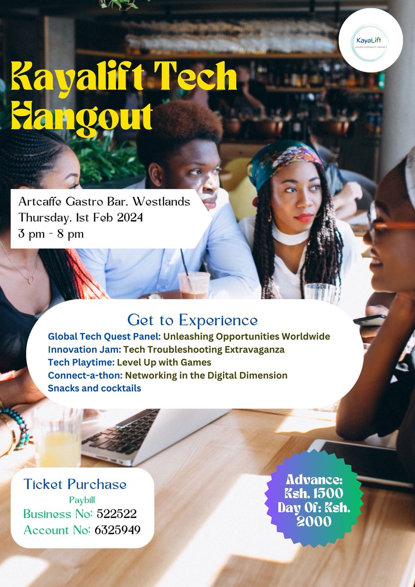 🚀 Save the date: Kayalift Tech Hangout on Feb 1, 2024, at Artcaffe Gastro Bar, Westlands! 🌐✨ Join us for a tech-packed adventure with global insights, innovation jams, and networking. 🍹💻. Don't miss out! 🚀🎉 #KayaliftTechHangout #BlackTechTwitter #tech #networkingevent