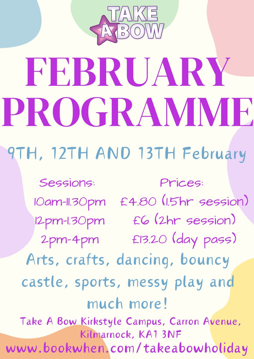 FEBRUARY PROGRAMME IS NOW LIVE!!! ✨✨✨ Our February Programme will be running on the 9th, 12th and 13th of February at our decant venue Kirkstyle Campus. Spaces are limited for this so please get booked in fast to avoid disapointment- bookwhen.com/takeabowholiday