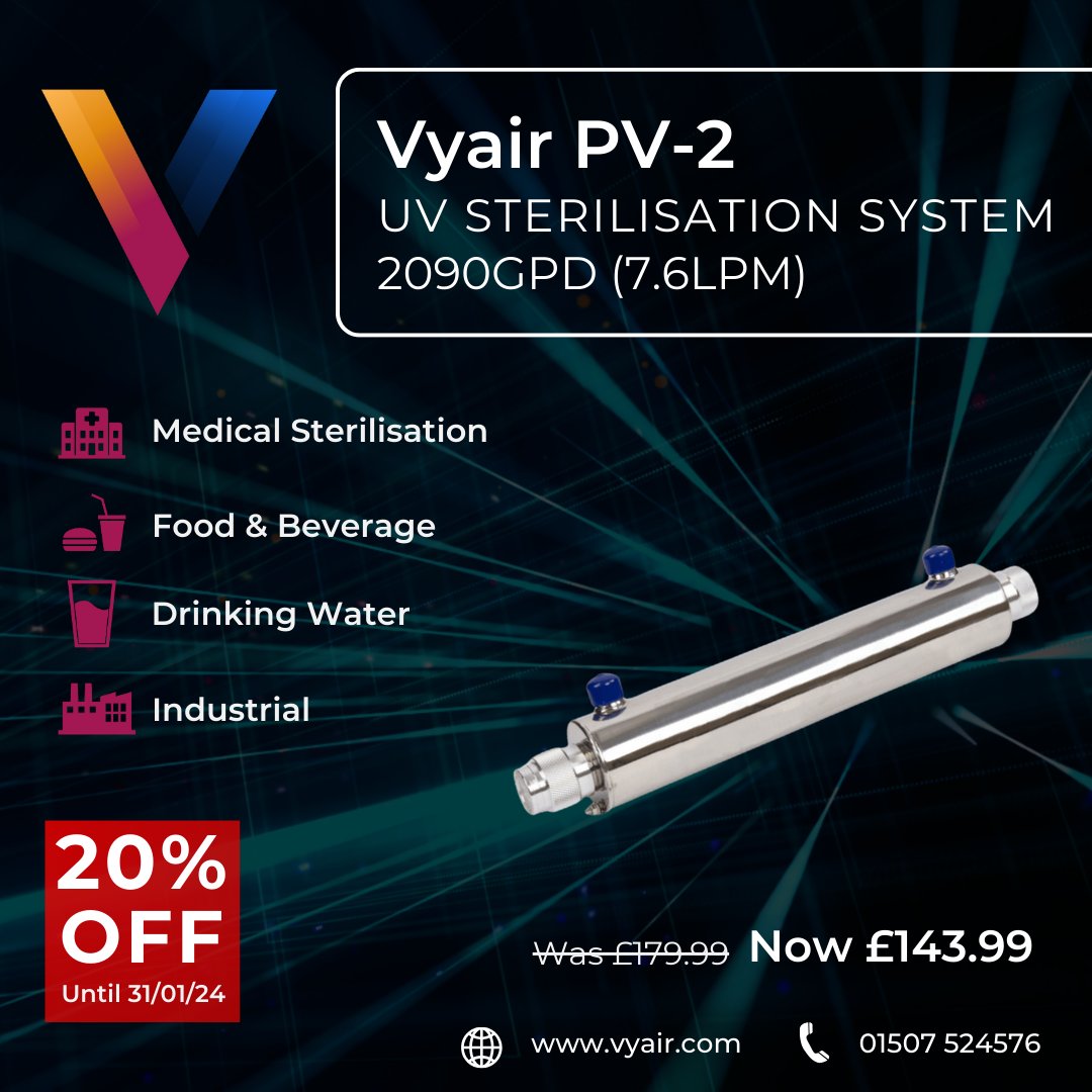 Get unparalleled sterilisation power with PV-2 – with a 2090 gallons per day sterilisation rate! 🌊💡

🏥 Medical Sterilisation
🍲 Food &amp; Beverage
🥤 Drinking Water
🏭 Industrial

🔥 Limited Time Offer! Get 20% OfWas £129.99 ➡️ Now Only £103.99

Visit: vyair.com