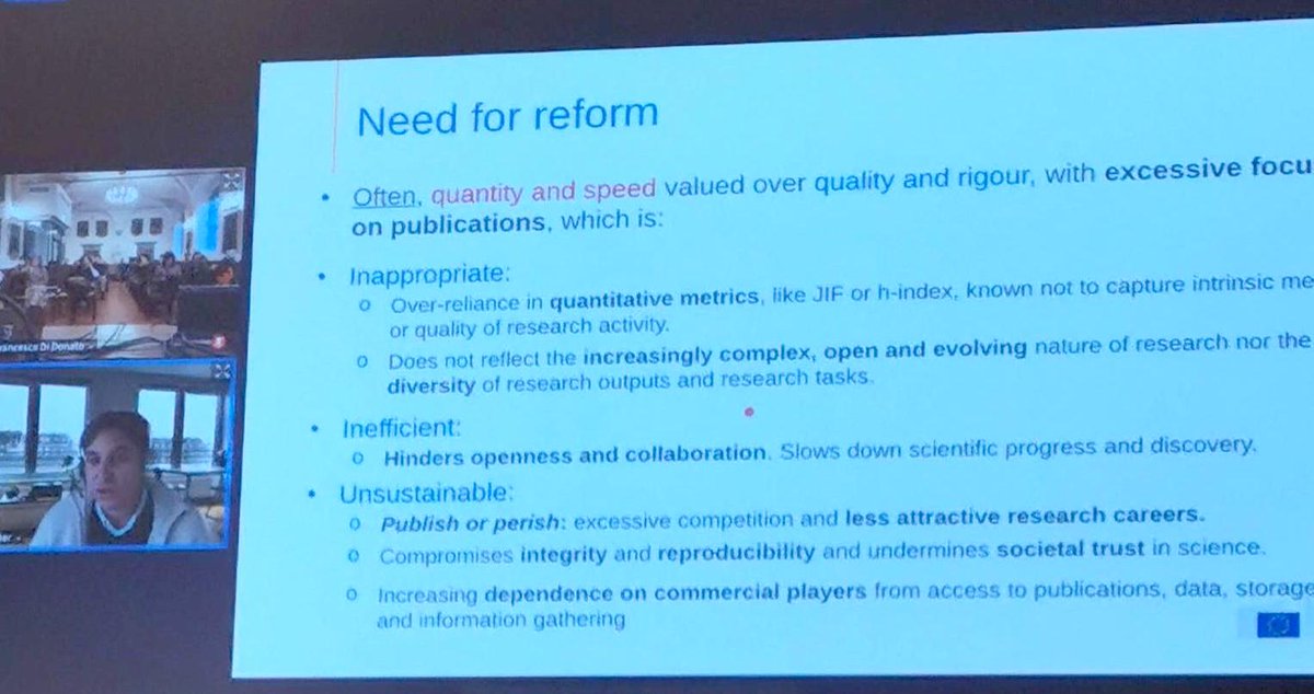 Javier López Albacete @JLAlbacete from @EU_Commission on the need reform the #ResearchAssessment system: Quantity and speed are too often valued over quality and rigour, with an excessive focus on publications which is inappropriate, inefficient and unsustainable. 
#ReformingRA