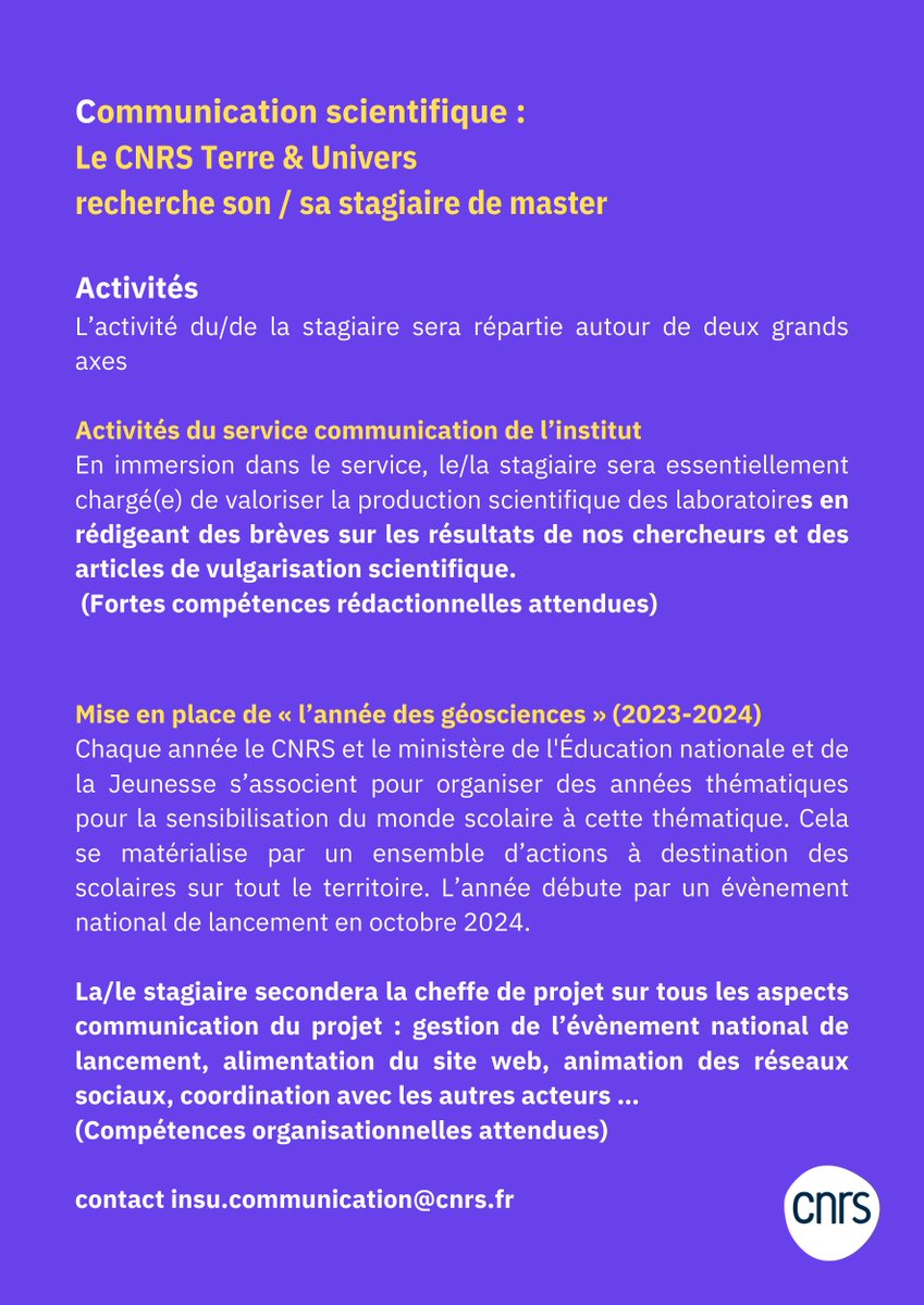 CNRS_INSU's tweet image. Vous faites un master en communication  ❓ Vous êtes passionné par la science  ❓
👉 Nous recherchons notre stagiaire de master ❗️
#communication #science #Comsci
