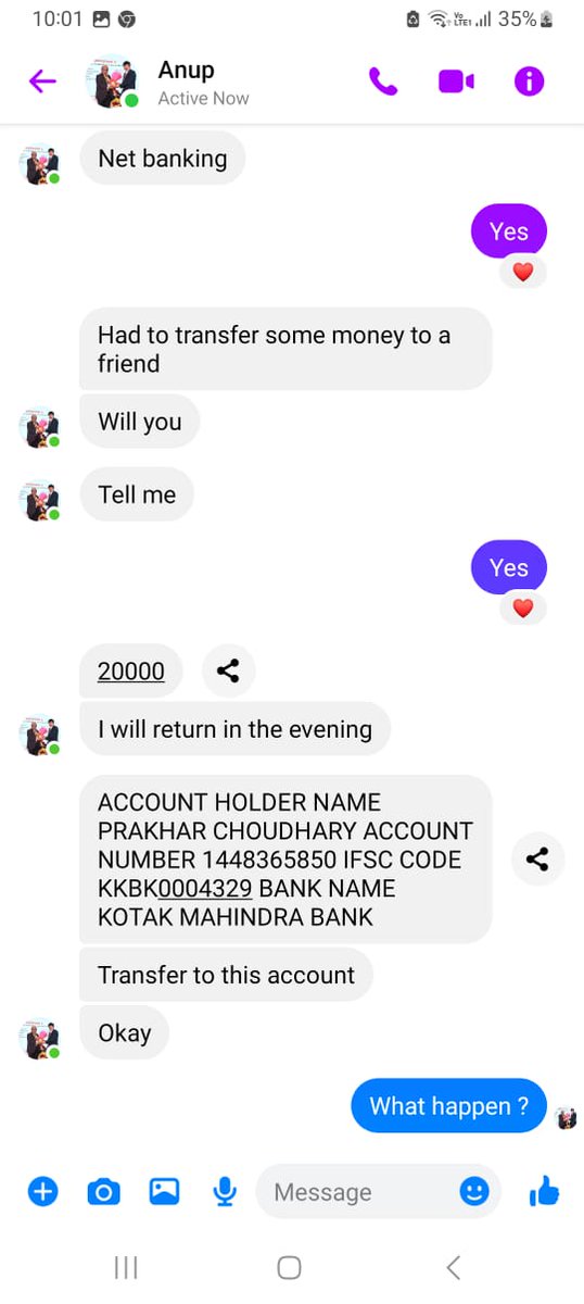 CAAnupmukherjee's tweet photo. @KotakBankLtd @DelhiPolice @RBI this msg is being sent to my friends with account details seeking money. Using a fake FB msngr acc. Please take action. Stop operations in the account memtioned https://t.co/pdcarMvWk4
