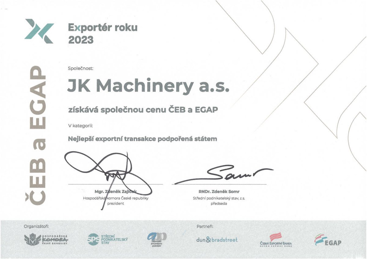 🏆 We are very proud to announce that JK Machinery has been awarded the Exporter of the Year 2023 by the Czech Chamber of Commerce. Our company received the award from the Czech Export Bank in cooperation with EGAP for supplying grain cleaners to Kazakhstan. #EGAP #ceb