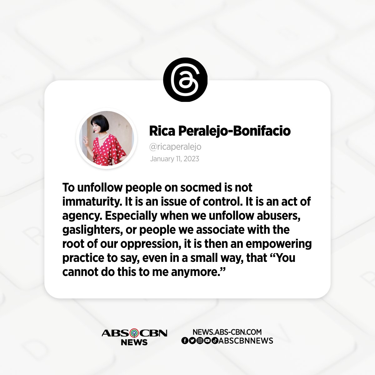 ABSCBNNews's tweet photo. Rica Peralejo-Bonifacio shares her insights on unfollowing people on social media.

Related story: https://t.co/StJq2myUl1 https://t.co/5yPg4os7uA