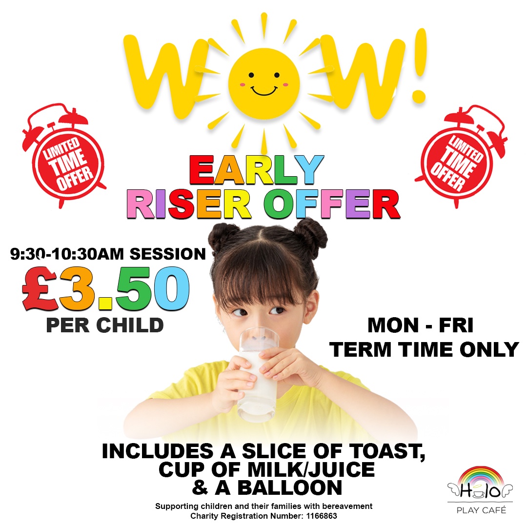 haloplaycafe's tweet photo. ✨ Happy New Year ✨ we have an early riser offer to share with you all. Join our 9.30am session with a piece of toast and cup of milk or juice and a balloon to take home for only £3.50 Mon-Fri 🥳 The perfect play date for those early risers wanting some fun time to play 🌈👼🏽 https://t.co/g6G43frTqV