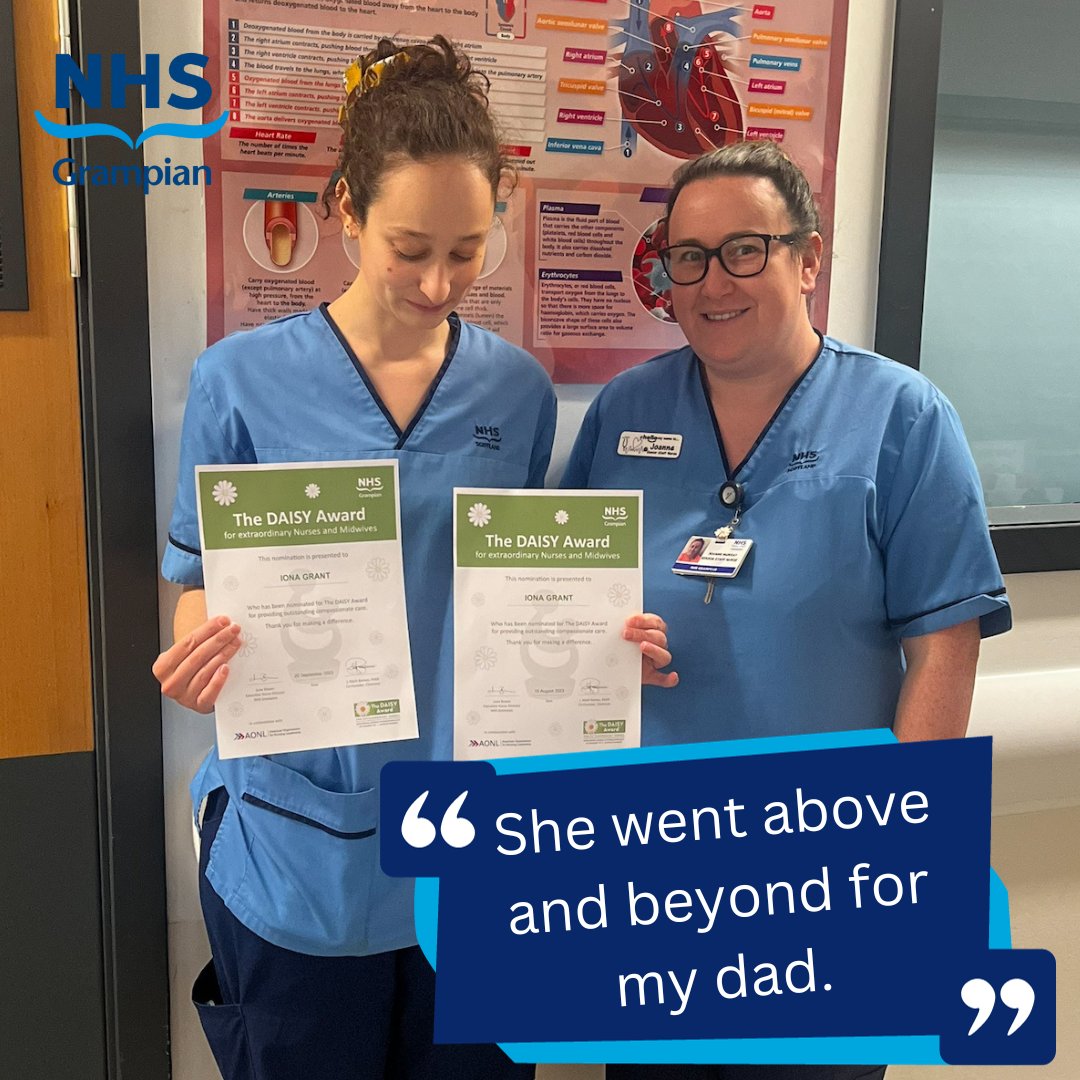 NHSGrampian's tweet photo. Congratulations to ARI's Coronary Care Unit Staff Nurse Iona Grant on receiving not one but two #DAISYAward nominations! 🥳

She is pictured here with Senior Staff Nurse Joanne Murray

#DAISYNurses #DAISYMidwives #NHSGDAISY #ProudToBeNHSG https://t.co/jQdzQBHbNg