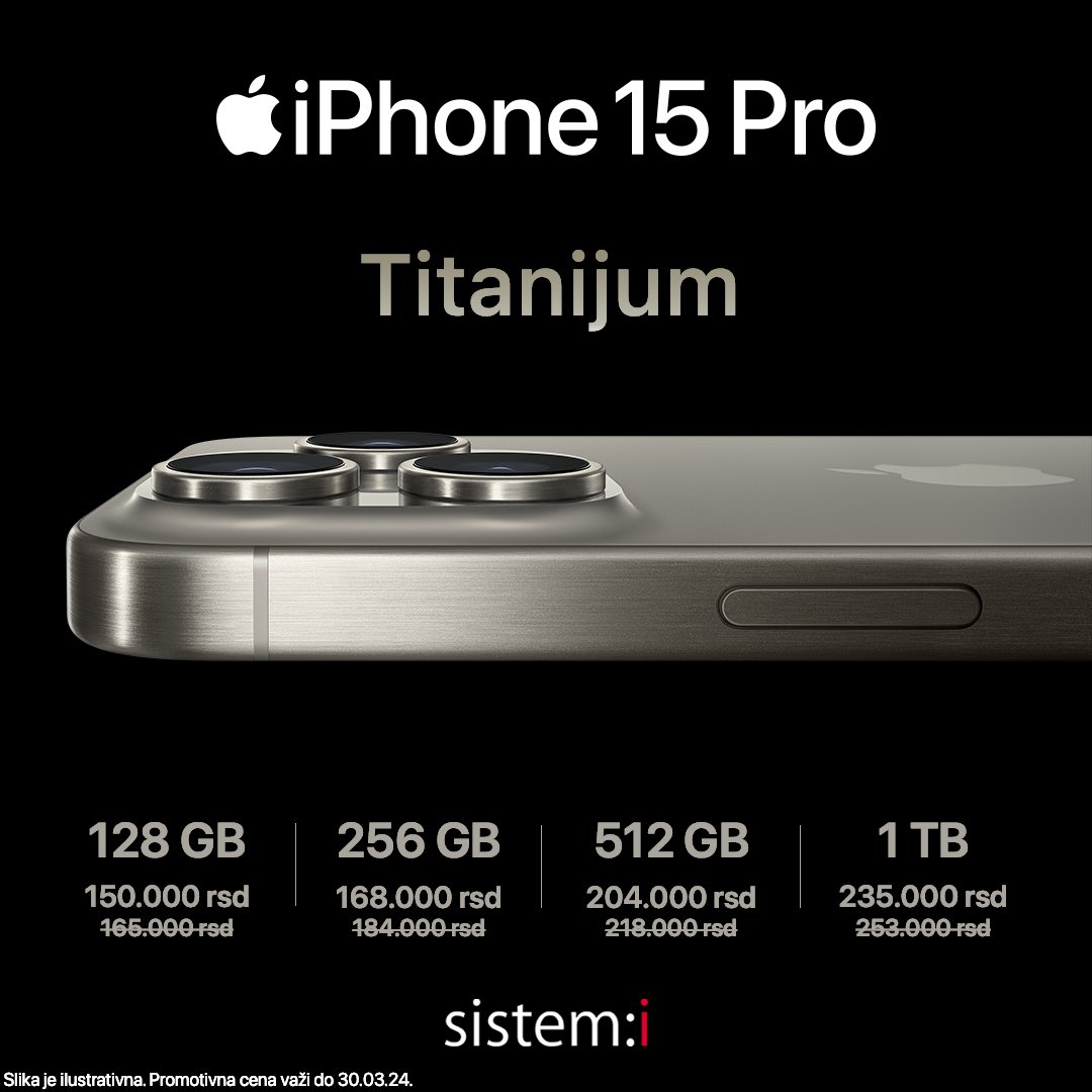 sistemiband's tweet photo. 🛍️ Kupi iPhone 15 Pro i iPhone 15 Pro Max po ledeno dobroj ceni! ❄️

⚡️Čip A17 Pro. Menja pravila igre. Pomera granice performansi.

👨‍💻Poseti Sistem:i  Apple Solution Expert prodavnicu ili kupi preko: https://t.co/bRZK7ftoZk https://t.co/Vct2KuuwQ5