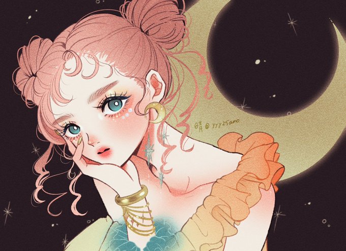 「crescent moon pink hair」 illustration images(Latest)