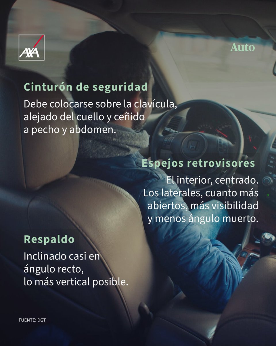 AndradeAXA's tweet photo. 🚗 ¿Sabías que la forma de sentarse puede ser un riesgo y reducir la seguridad al volante? Descubre las recomendaciones de la DGT para que tu postura en el coche sea correcta. https://t.co/Eu5khbNVlI