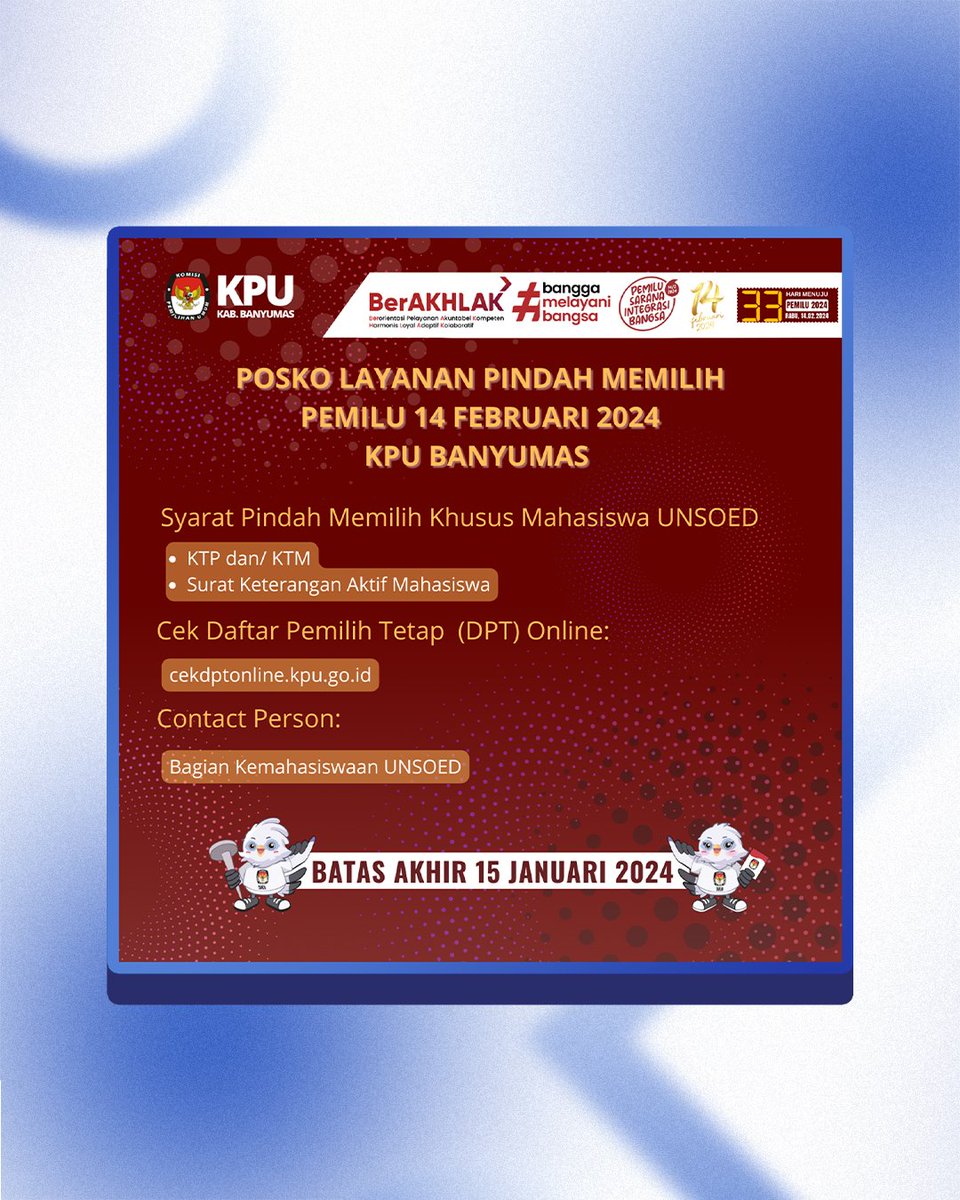 UnsoedOfficial's tweet image. Tak kasih info gens!
Jangan sampe golput yaak!! 😉

_________
#Pemilu2024 
#Unsoed
#UnsoedMajuTerus
#MerdekaMajuMendunia