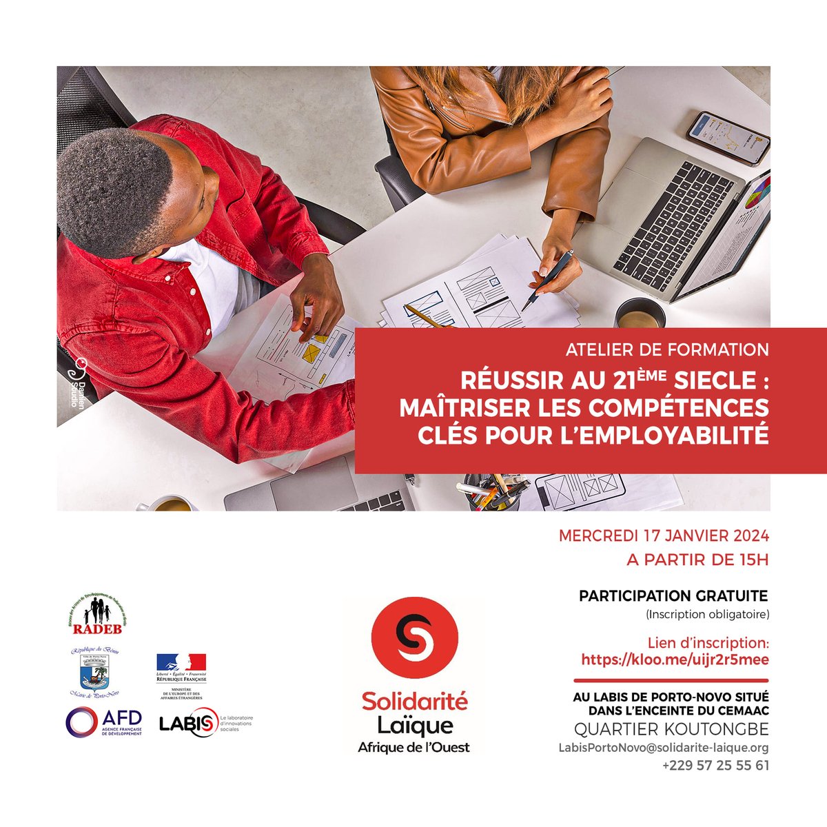 LABIS Porto Novo (@labisportonovo) on Twitter photo 🚀 Inscrivez-vous à notre Atelier de Formation ! 🌟 "Réussir au 21e Siècle : Maîtriser les Compétences Clés pour l'Employabilité," le 17/01/2024 .
🔥👉 Places limitées ! Inscrivez-vous : bit.ly/BNigy. #EmploiDuFutur <a href="/LaiqueOuest/">Solidarité Laïque Afrique de l'Ouest</a> 🚀 Inscrivez-vous à notre Atelier de Formation ! 🌟 "Réussir au 21e Siècle : Maîtriser les Compétences Clés pour l'Employabilité," le 17/01/2024 .
🔥👉 Places limitées ! Inscrivez-vous : bit.ly/BNigy. #EmploiDuFutur <a href="/LaiqueOuest/">Solidarité Laïque Afrique de l'Ouest</a>