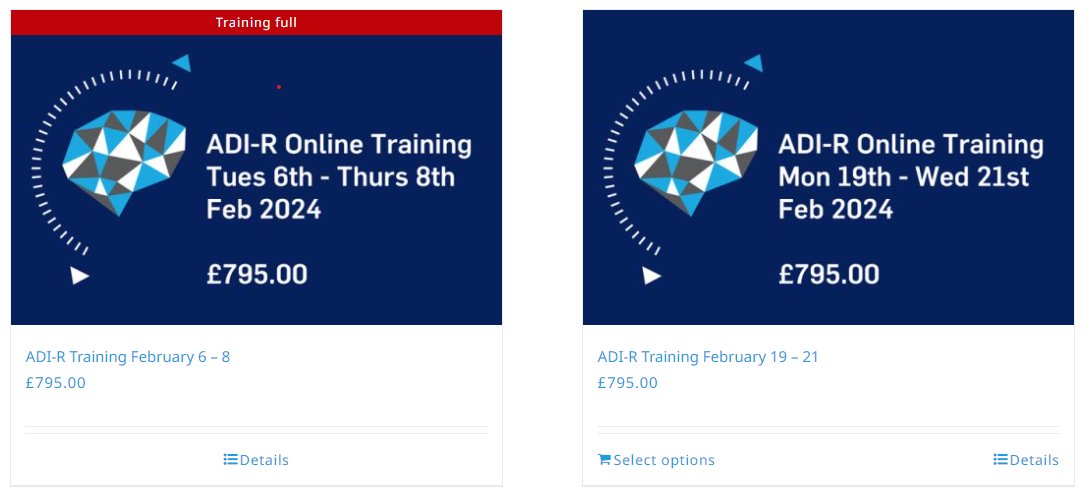 Our next two ADI-R courses (CPD Certified) are fully booked but we still have a few spaces left on the 19th-21st Feb training. We also have new dates available in March, April, May and June!
For more information/to book, please see our website compasspsy.co.uk/adir-training/