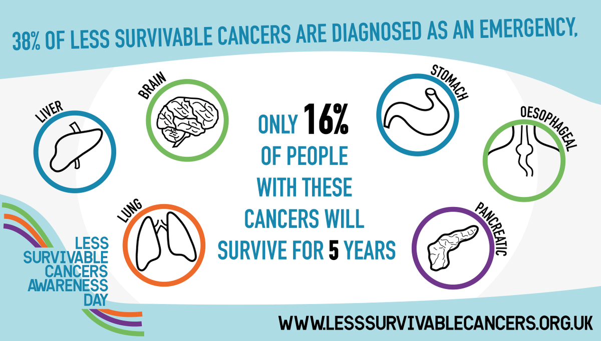 Survival rates for liver, lung, brain, oesophagus, stomach, and pancreas cancers have hardly improved in decades. It's #LessSurvivableCancersAwarenessDay and we're highlighting the huge #DeadlyCancerGap because we need drastically need improvements in outcomes.