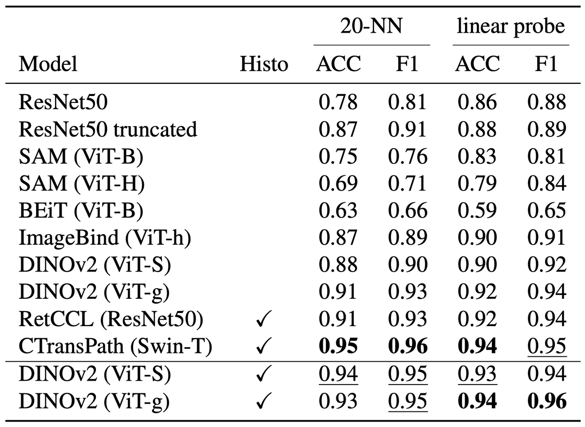 We saved >99% of compute by benchmarking several CV foundation models and finetuning DINOv2🦖  compared to SOTA feature extractors (RetCCL and CTransPath) on CRC tasks (MSI prediction on TCGA/CPTAC and NCT-100K tissue classification).
Code and model weights are shared 🚀
2/