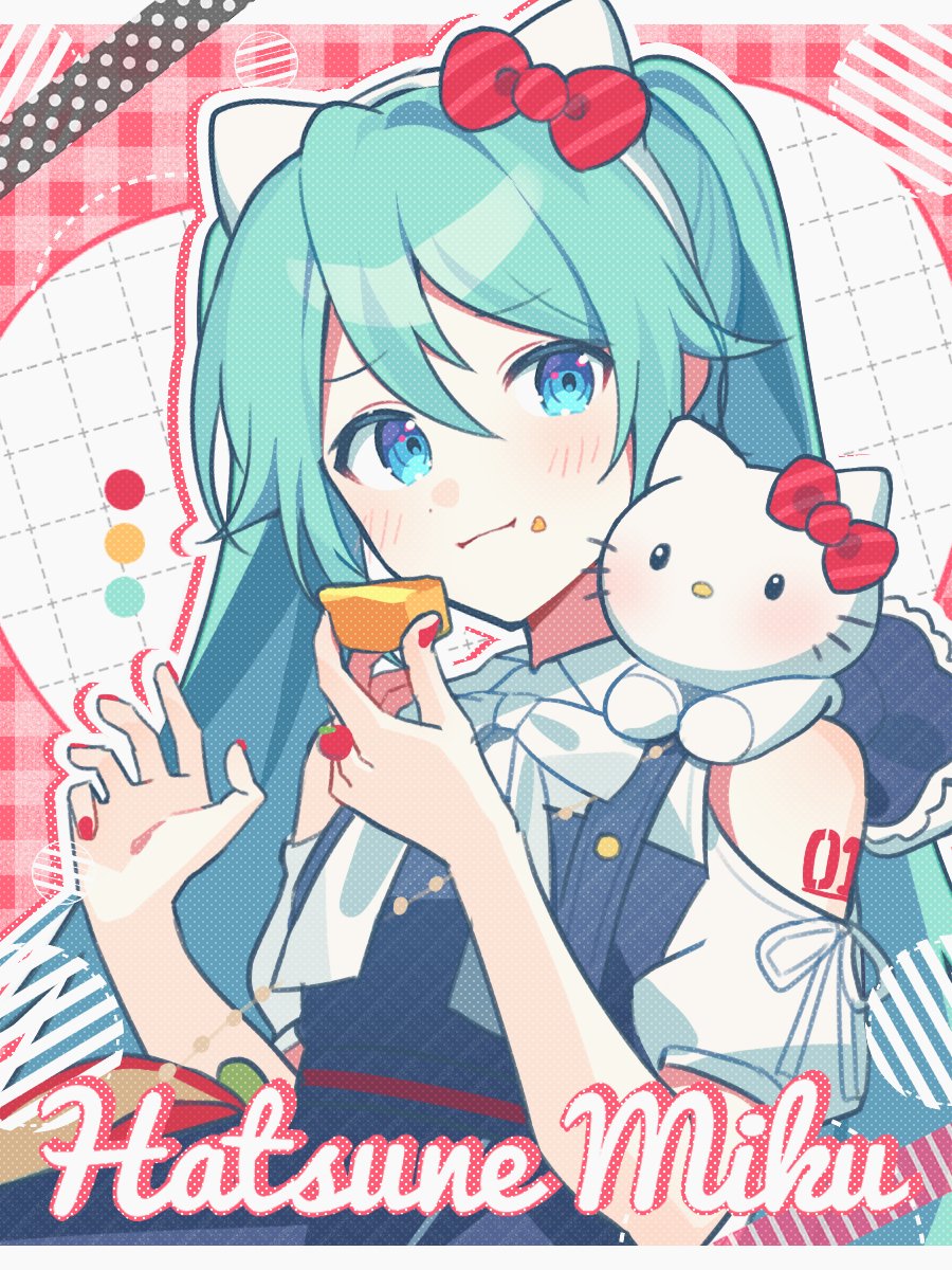 hatsune miku 1girl food twintails bow long hair food on face holding food  illustration images