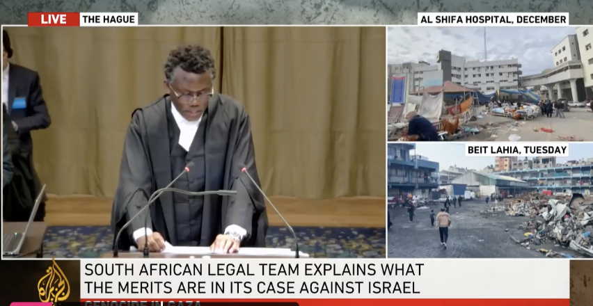 Sophiemcneill's tweet photo. After such horrific impunity and utter disregard by Israel for international law in #Gaza it's absolutely spine-tingling to watch the South African legal team so methodically lay out the argument for genocide at the @CIJ_ICJ

A historical day. Thank you South Africa @GovernmentZA https://t.co/z1KrjzwScT