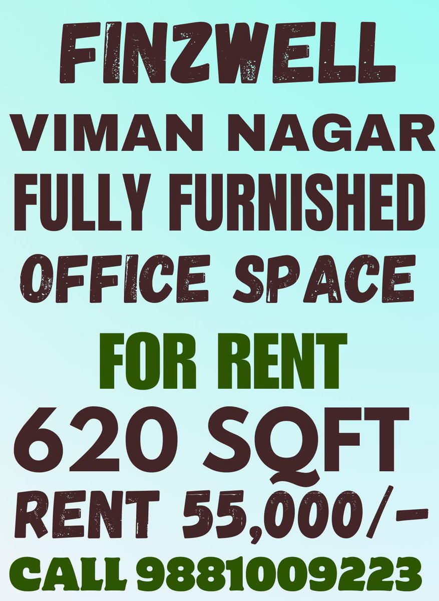 FINZWELL VIMAN NAGAR FULLY FURNISHED OFFICE SPACE FOR RENT 620 SQFT RENT 55,000/- 
CALL-9881009223

#Finzwell #OfficeSpaceForRent #FullyFurnished #Workspace #CommercialProperty #RentOffice #BusinessHub #VimanNagar #OfficeSearch #CommercialRealEstate #PropertyRental #