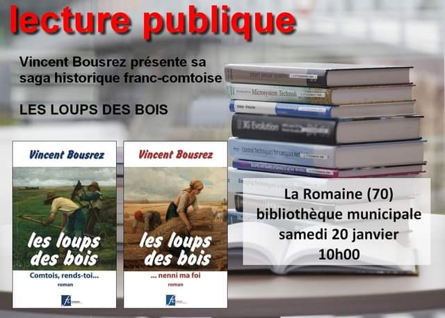 Je serai samedi 20 janvier à 10h à la Bibliothèque Municipale de La Romaine (70) pour y lire un extrait de ma saga historique comtoise LES LOUPS DES BOIS.

Entrée gratuite #hautesaône #hautesaone