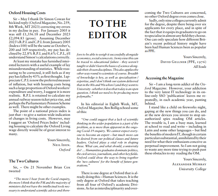DavidGellner's tweet photo. My letter about @Oxford_HumSci and the #TwoCultures / #interdisciplinarity, quoting @ProfBrianCox and @BenBollig, published in today's Oxford Magazine. https://t.co/xSCXma8FG0