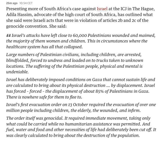 'Israel has deliberately imposed conditions on Gaza that cannot sustain life and are calculated to bring about its physical destruction.' Powerful words from South Africa's legal team in the genocide case against Israel.