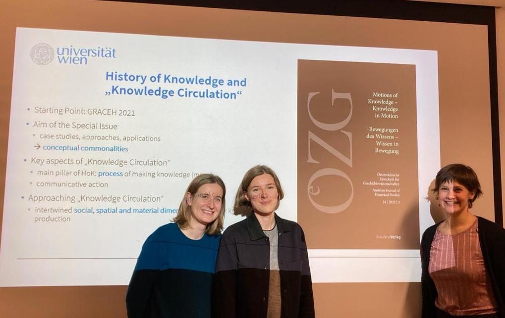 OeZG Bd. 3/2023 'Motions of Knowledge - Knowledge in Motion' wurde am 21. Dezember 2023 am Institut für Wirtschafts- und Sozialgeschichte @univienna präsentiert. Im Bild (v. li.): die Herausgeberinnen Lisa Hoppel, @nora_lehner und @Florence_Klauda 👏👏👏