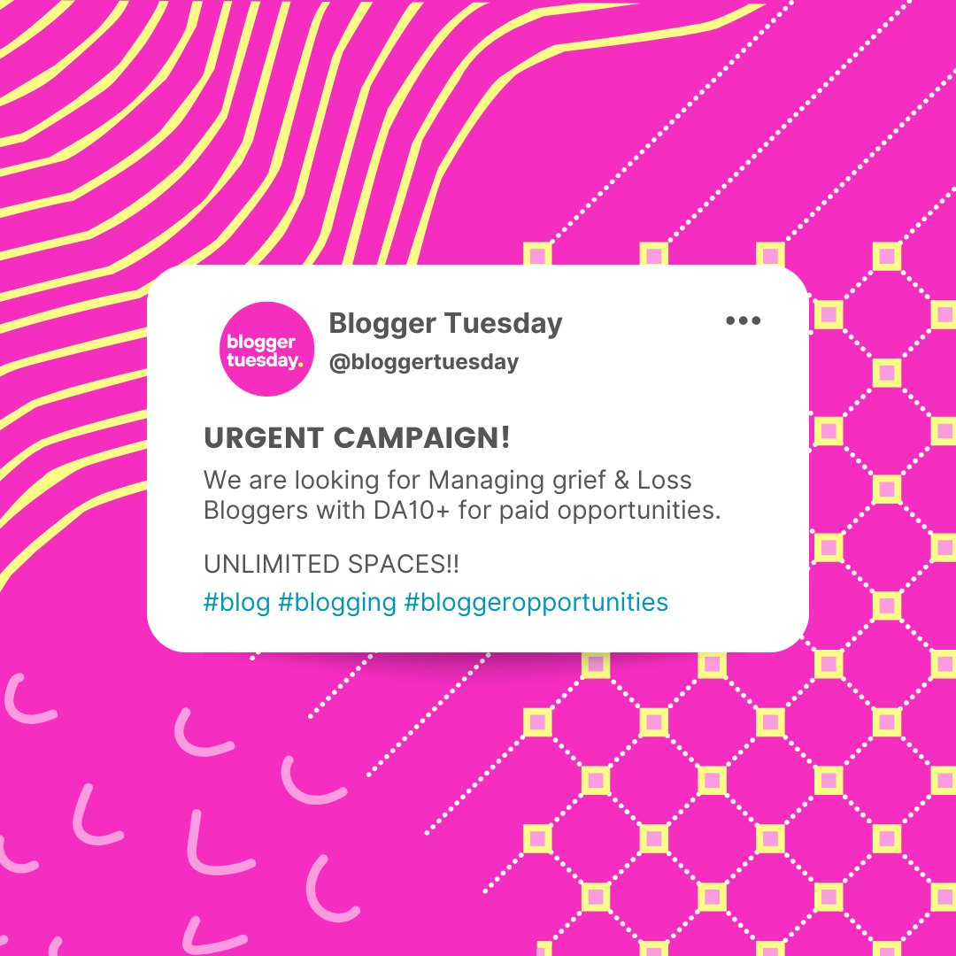 BloggerTuesday's tweet photo. ๐จATTENTION BLOGGERS!๐จ
We have unlimited positions available for bloggers within the Managing grief and loss niche! ๐๐
Drop your links below if you think you fit this category๐๐๐
#blog #blogging #blogger #loss #managinggrief
#Blogwriter #grief https://t.co/98QtLC3Dk2