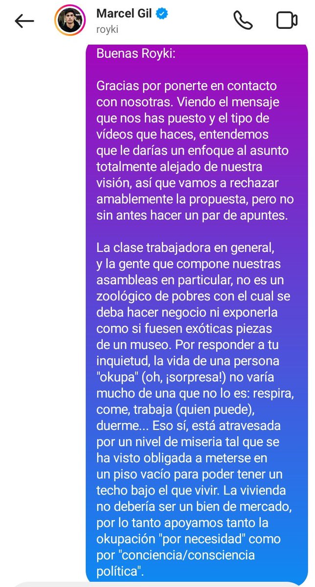 SindicatoMtz's tweet photo. Un "influencer" nos ha escrito a varios Sindicatos de Vivienda para "grabar un vídeo explicando como es la vida de un okupa, la realidad detrás de este mundo y todo lo que conlleva" y ésta ha sido nuestra respuesta 👇🏾 https://t.co/c5LJjkRdyr