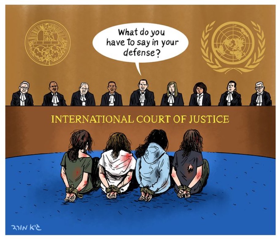 RahamimoffTamar's tweet photo. Powerful caricature by @guy_morad depicting the inverted reality claims in SA’s submission to the ICJ, and the blaming of #Oct7 victims https://t.co/HuT4VIygkM