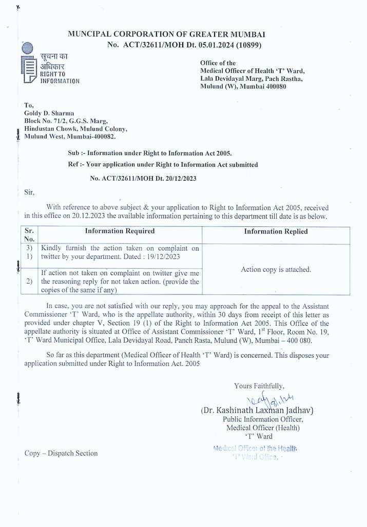 GoldySh65920213's tweet photo. Complaint on Twitter non availability of doctors in mulund maternity 5 rasta after 4 pm. No action taken on complaint on  Twitter  filed rti see the reply by moh t ward he also stated there is an non availability of Dr in maternity @mieknathshinde @mybmcWardT
@TanajiSawant4MH. https://t.co/KcEwsKr6fr