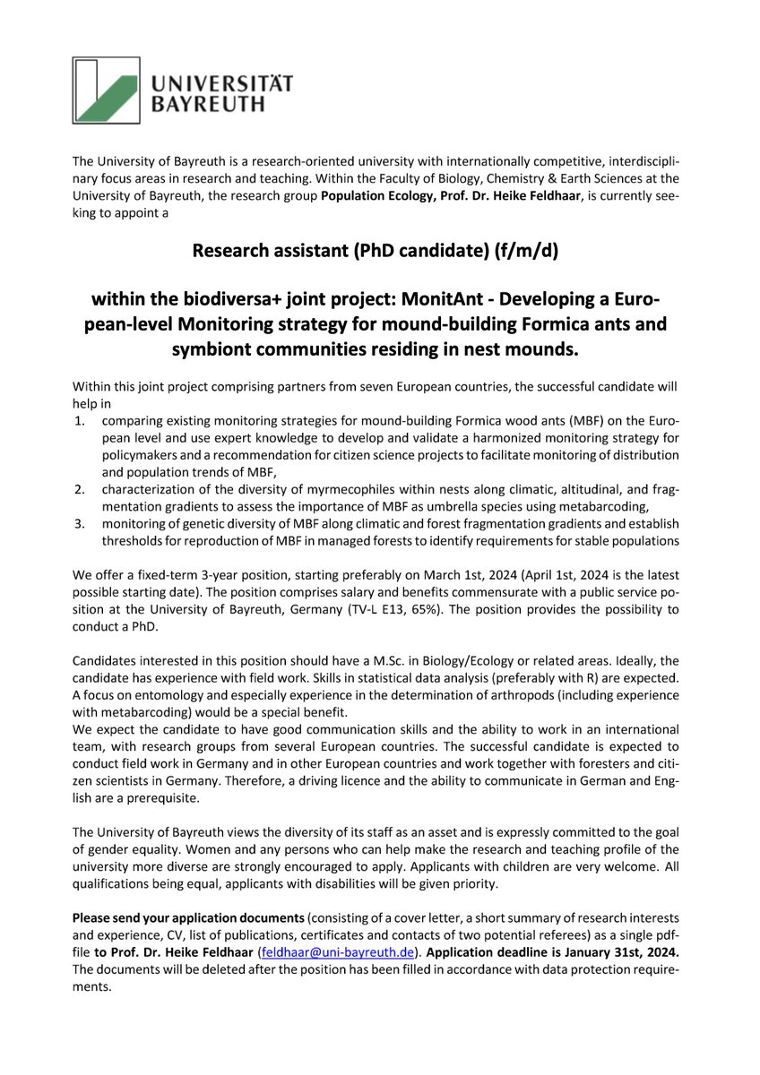 NBluthgen's tweet photo. Highly recommended:
Heike is seeking highly motivated #PhD #student for #biodiversa-project on #Formica wood-ants and their symbionts! Lab of Heike Feldhaar, University of Bayreuth https://t.co/FhDxzdxPd2