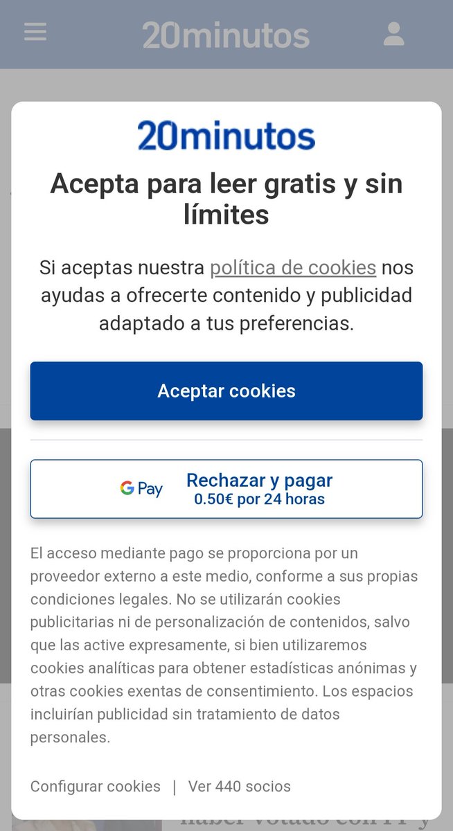 LEXPROGRAM's tweet photo. Y qué os parece esta funcionalidad?
@20m ha decidido que para que se rechacen las cookies, tienes que pagar. Es legal y se puede aplicar, pero qué os parece esto a vosotros?
#lex4web #cookies https://t.co/UB9XbUjNxO