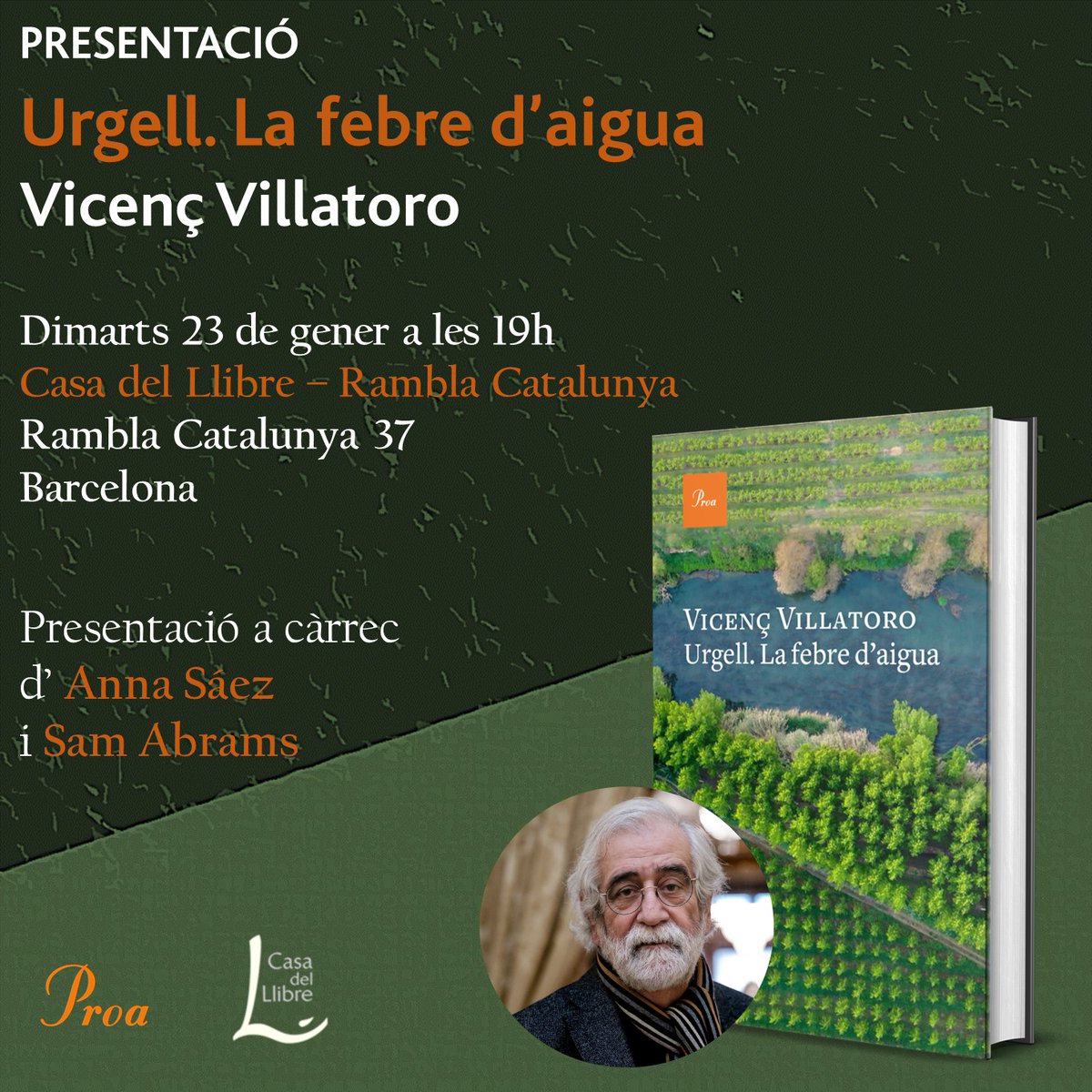 Dimarts dia 23 un autèntic trio de luxe, Anna Sàez @lukanora, @dsamabrams amb #VicençVillatoro a @casadellibro Rambla Catalunya 37, a la presentació d''Urgell. La febre d'aigua'.