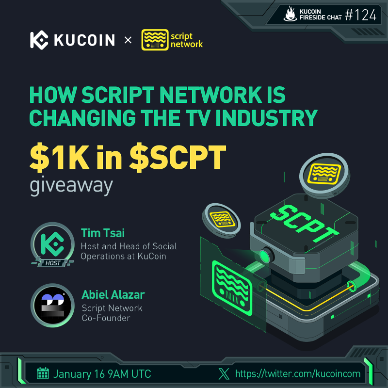 kucoincom's tweet photo. 📺 Explore the TV industry's future with @script_network in our upcoming #KuCoin X Space!

🎁$1,000 in $SCPT Giveaway (10 winners)

1️⃣Follow @kucoincom &amp; @script_network
2️⃣RT, like &amp; tag 2 friends
3️⃣Fill in the form: https://t.co/gwRimi07wd
4️⃣Join the space

✅Set a reminder