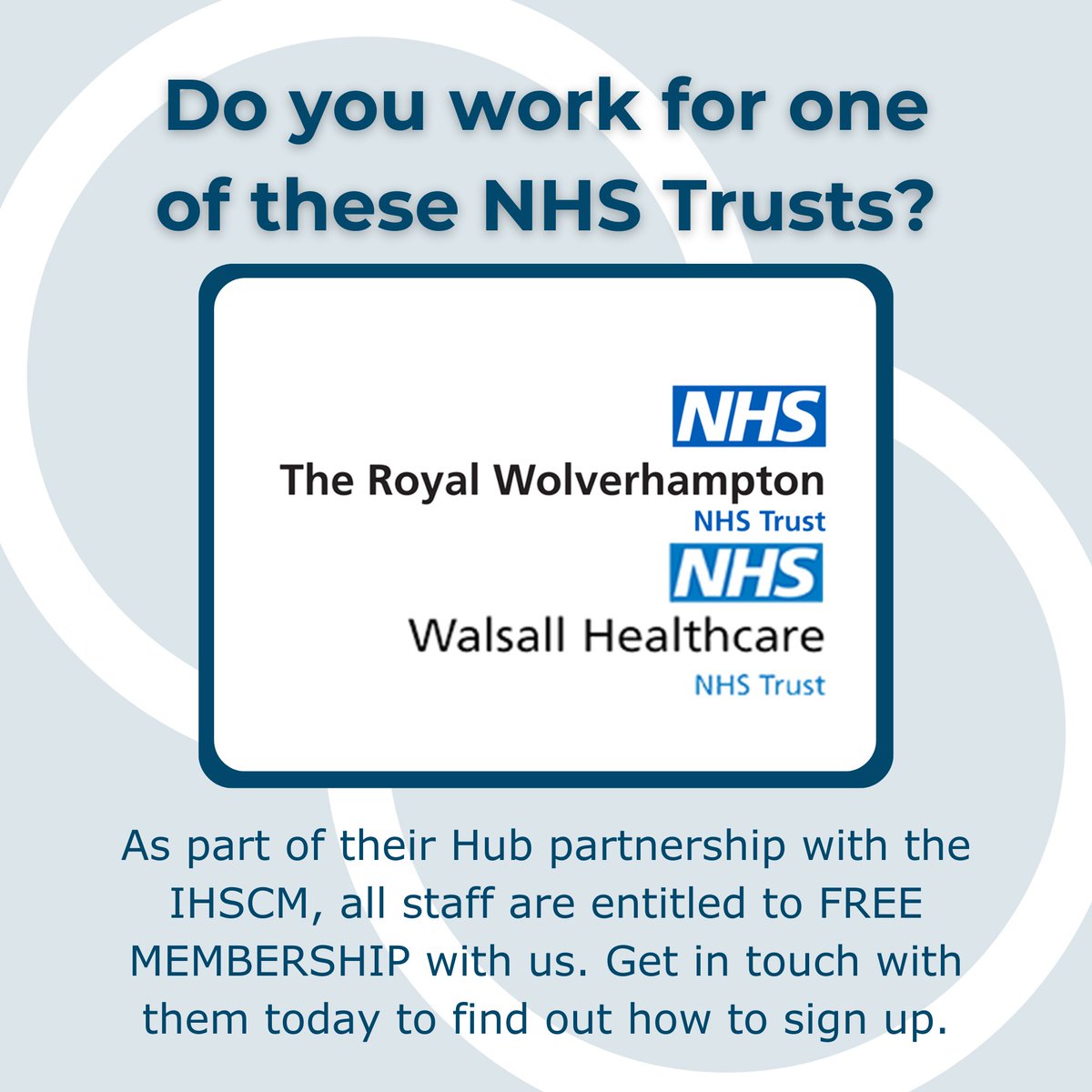 Would you like FREE membership to the IHSCM? If you work at @RWT_NHS or @WalsallHcareNHS you can join us for FREE and get access to all our fabulous content, past and present! @VandaCa16661543