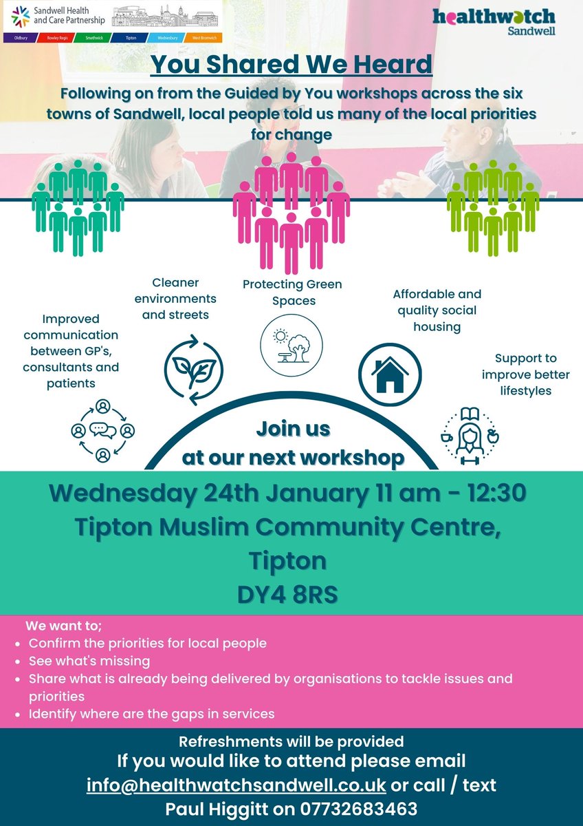 Our friends at Healthwatch Sandwell want to hear your views!
<a href="/HWSandwell/">Healthwatch Sandwell</a> <a href="/sandwellcouncil/">Sandwell Council</a> <a href="/SCVOSandwell/">SCVO</a> <a href="/VoicesParents/">Sandwell Parents Voices United</a>