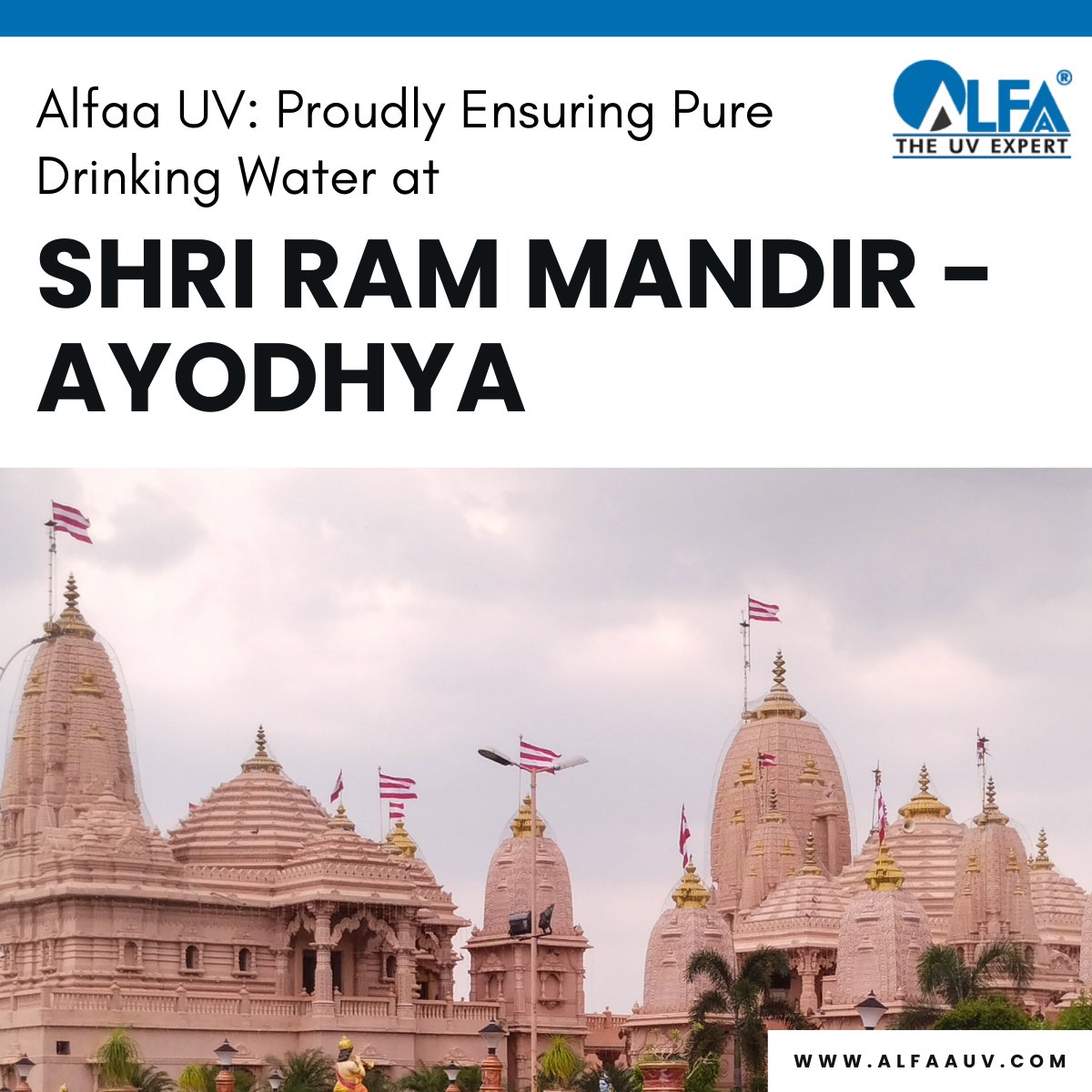 AlfaaUV's tweet photo. A very proud moment in the history of #AlfaaUV!  Honoured and humbled to be contributing towards serving  of pure drinking water to devotees in #ShriRamMandir #Ayodhya , safeguarding our #heritage with innovation.  #JaiShreeRam 

#WaterTreatment  #Innovation #CulturalLegacy https://t.co/sYvuNMs0J4