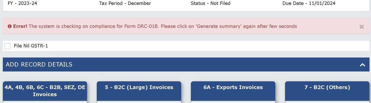 caakranjan's tweet photo. Getting error while filing GSTR-1on GST Due date as
"Error! The system is checking on compliance for Form DRC-01B. Please click on 'Generate summary' again after few seconds" @Infosys_GSTN @cbic_india @GST @PMOIndia @nsitharamanoffc 

#InfosysfailedGSTN #GSTerror #GST #GSTR1ERROR https://t.co/d8tLCArLrH