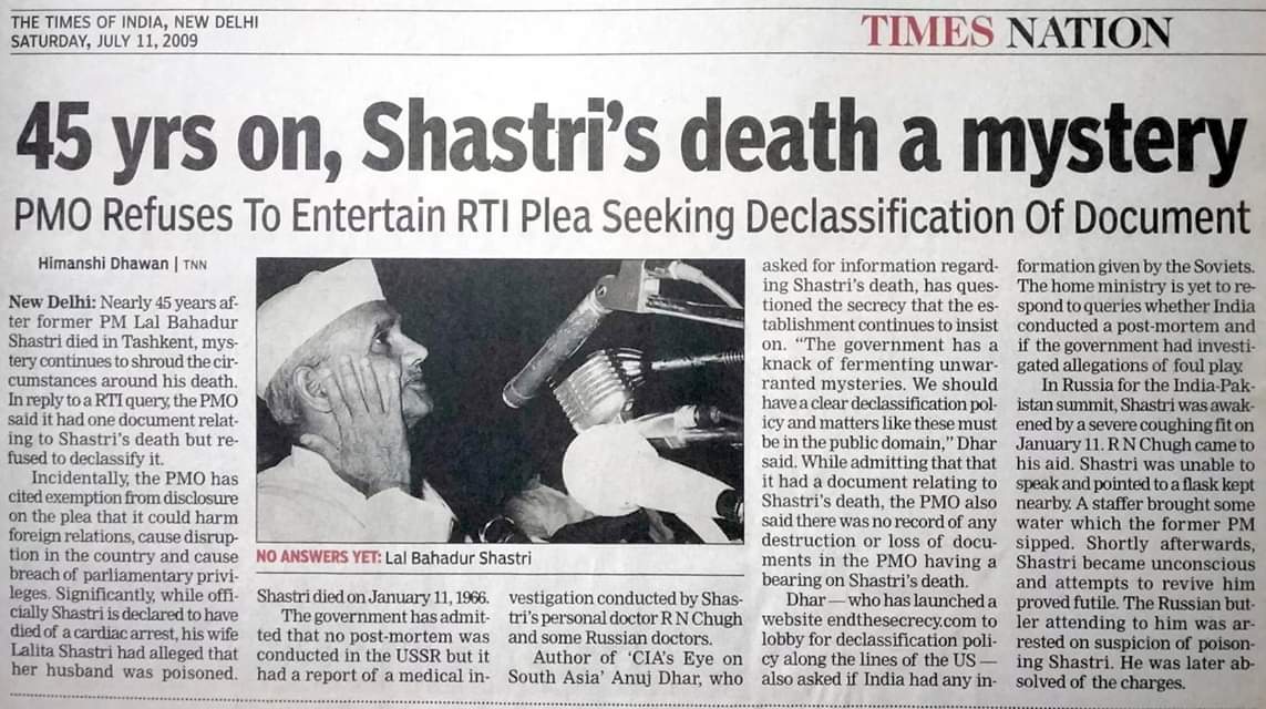 #LalBahadurShastri Ji's death in Tashkent on this day in 1966 still remains a mystery. 

The most important question is when the cook who had been preparing food for former PM Shri Lal Bahadur Shastri was immediately arrested in Tashkent after his death possibly due to poison,…