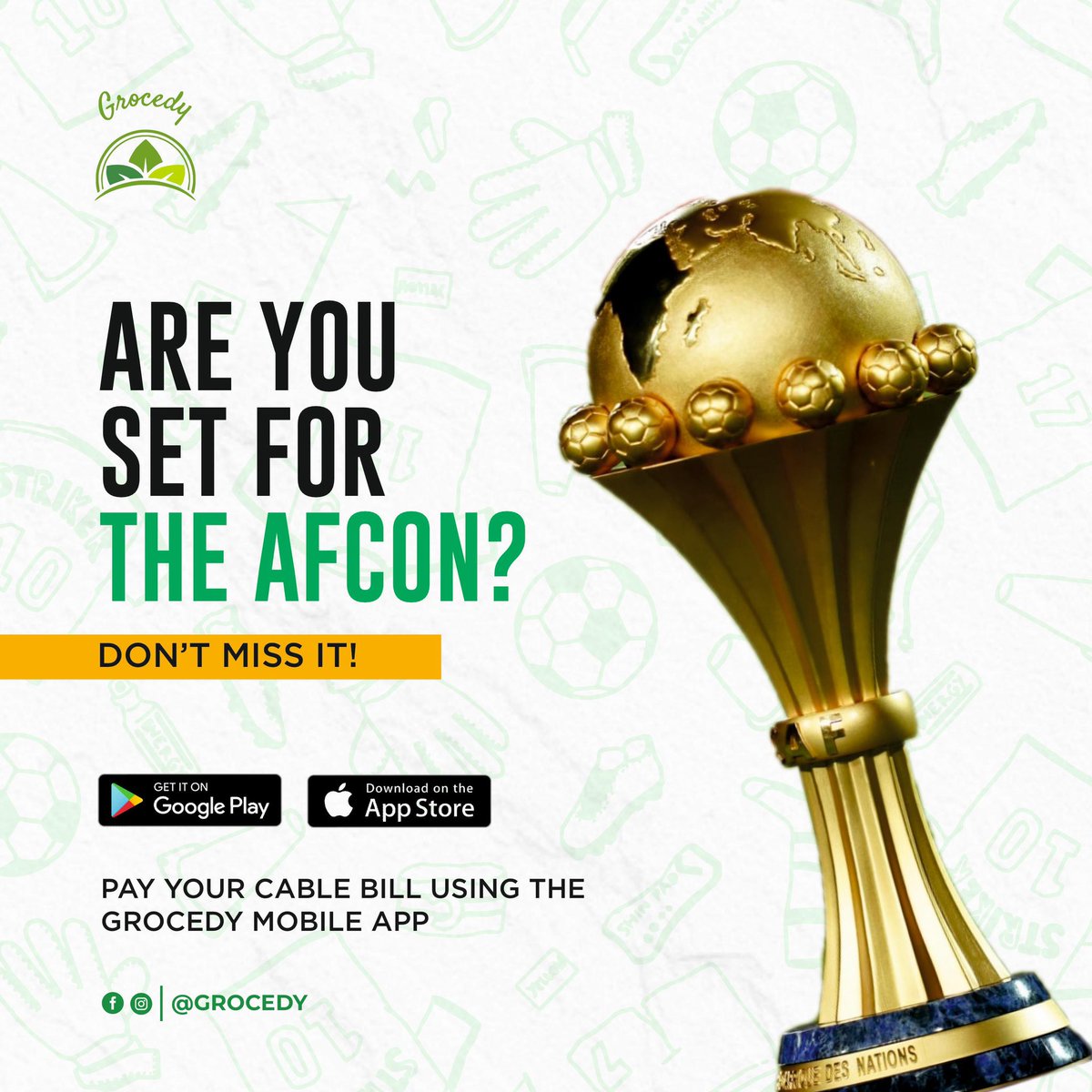 grocedy's tweet photo. Are you ready for the AFCON?
No gree for boredom this period o.
Recharge your phones and make your cable subscriptions with ease using the Grocedy app.
Download it now to get started.
#AFCON #supereagles #Football #Grocedy https://t.co/n8qcWkZwm4
