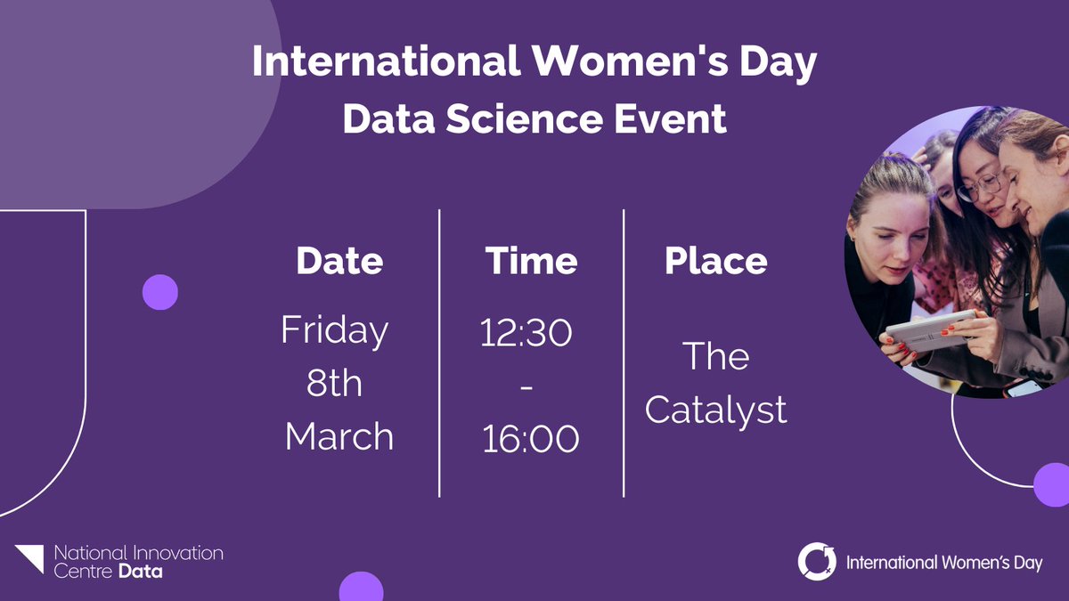 National Innovation Centre for Data (@nicdata) on Twitter photo Join Dr Antonia Kontaratou & Louise Braithwaite MSc at our #InternationalWomensDay event at <a href="/TheCatalystUK/">The Catalyst</a>
There'll be an Introductory Workshop & Interactive AI session, providing you with skills & knowledge around data science ➡️ bit.ly/3tYd5lk
#InspireInclusion Join Dr Antonia Kontaratou & Louise Braithwaite MSc at our #InternationalWomensDay event at <a href="/TheCatalystUK/">The Catalyst</a>
There'll be an Introductory Workshop & Interactive AI session, providing you with skills & knowledge around data science ➡️ bit.ly/3tYd5lk
#InspireInclusion