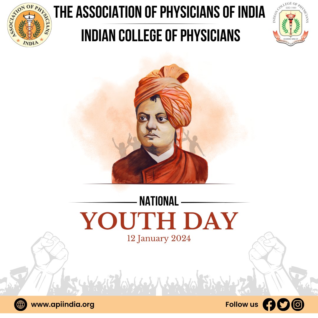 Celebrating the vibrant spirit of youth and their role in shaping a healthy future on National Youth Day!

DR GIRISH MATHUR 
PRESIDENT-API
DR JYOTIRMOY PAL 
DEAN-ICP
DR AGAM VORA 
SECRETARY-API

#NationalYouthDay #YouthEmpowerment #API #ICP #IndianCollegeofPhysicians #Physicians