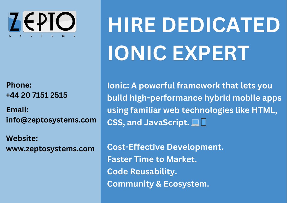 SanaGhani7's tweet image. Zepto Systems experienced dedicated #Ionic Developer is now readily available to start after completing a few exiting projects. We can provide you the best suitable solution. 

📞 +44 20 7151 2515
📧 Info@zeptosystems.com
✅ lnkd.in/d9uGNyAS

#ionic #ionicframework #hire