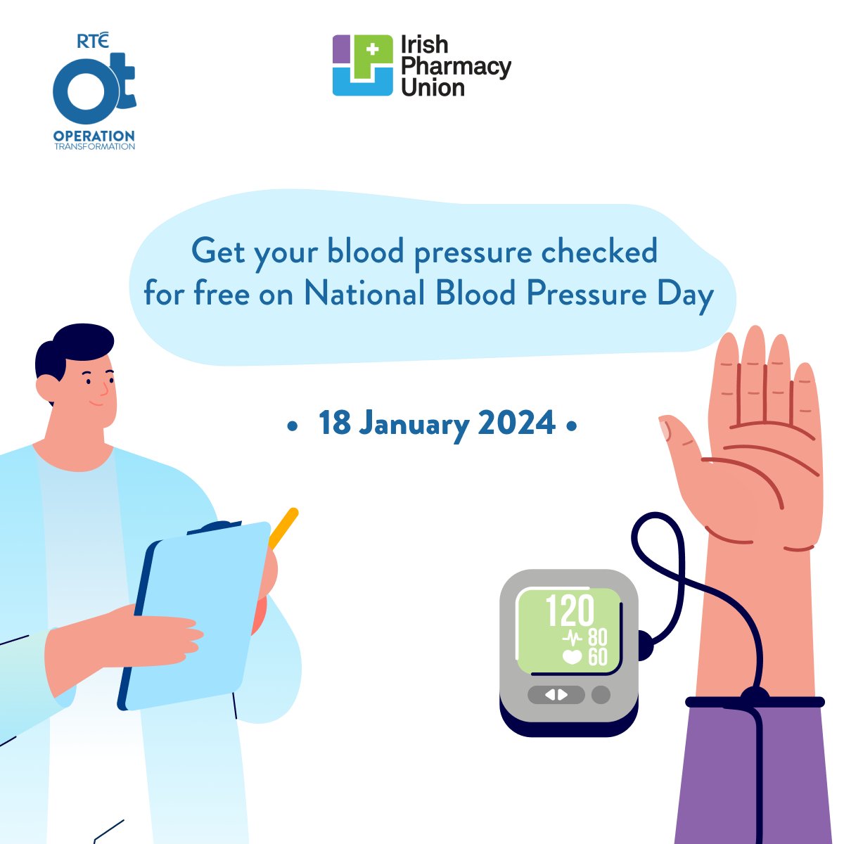 Know your number! Get your Blood Pressure checked here for free on National Blood Pressure Day – 18 January.  #OperationTransformation #BloodPressureDay <a href="/IrishPharmacy/">Irish Pharmacy Union</a> <a href="/OpTranRTE/">OT RTÉ</a>