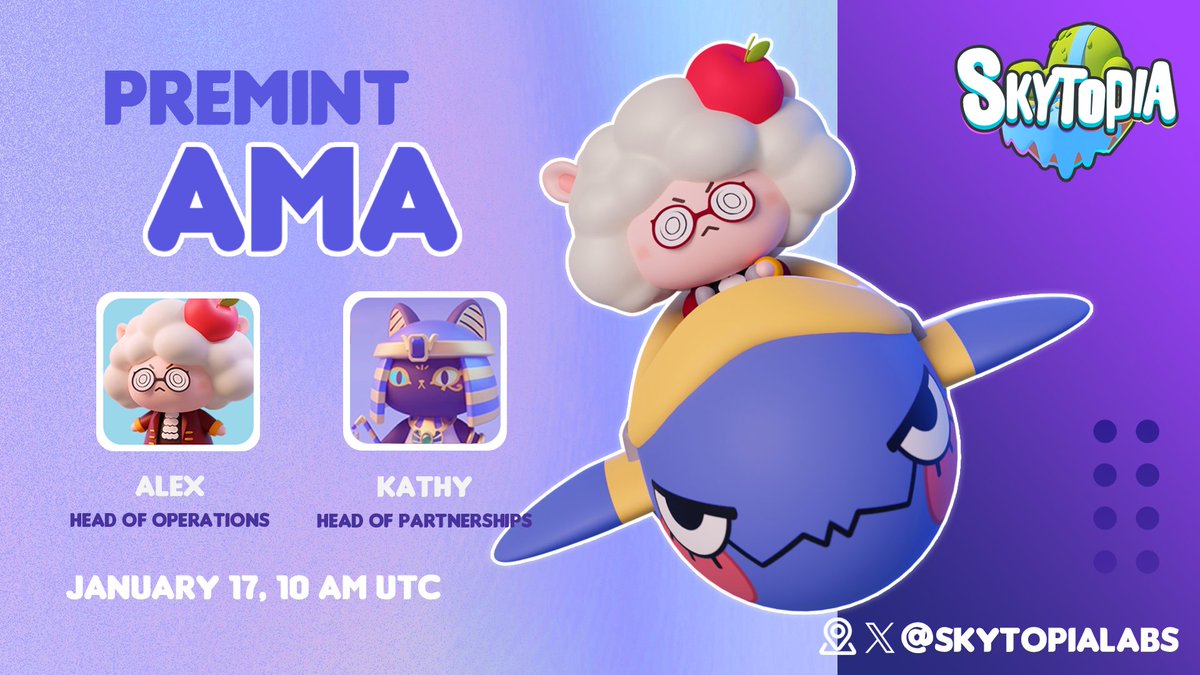 SkytopiaLabs's tweet photo. #Skytopia 𝐏𝐑𝐄𝐌𝐈𝐍𝐓 𝐓𝐚𝐥𝐤 𝐢𝐬 𝐜𝐨𝐦𝐢𝐧𝐠!📡

Join us for an exclusive Skytopia Mayor Pass NFT Premint #AMA session featuring our Head of Operations, Alex, and our Head of Partnerships, @KathyxMeta💎

Have burning questions? We've got your back! 

🎁:
𝟓 𝐅𝐂𝐅𝐒 𝐰𝐡𝐢𝐭𝐞𝐥𝐢𝐬𝐭𝐬 for 5 selected questions
𝟓 𝐅𝐂𝐅𝐒 𝐰𝐡𝐢𝐭𝐞𝐥𝐢𝐬𝐭𝐬 for 5 live questions during the AMA

📅 January 17, 10 AM UTC

🔥Stay tuned for the 𝕏 space link!

Submit your questions in the thread by January 14👇