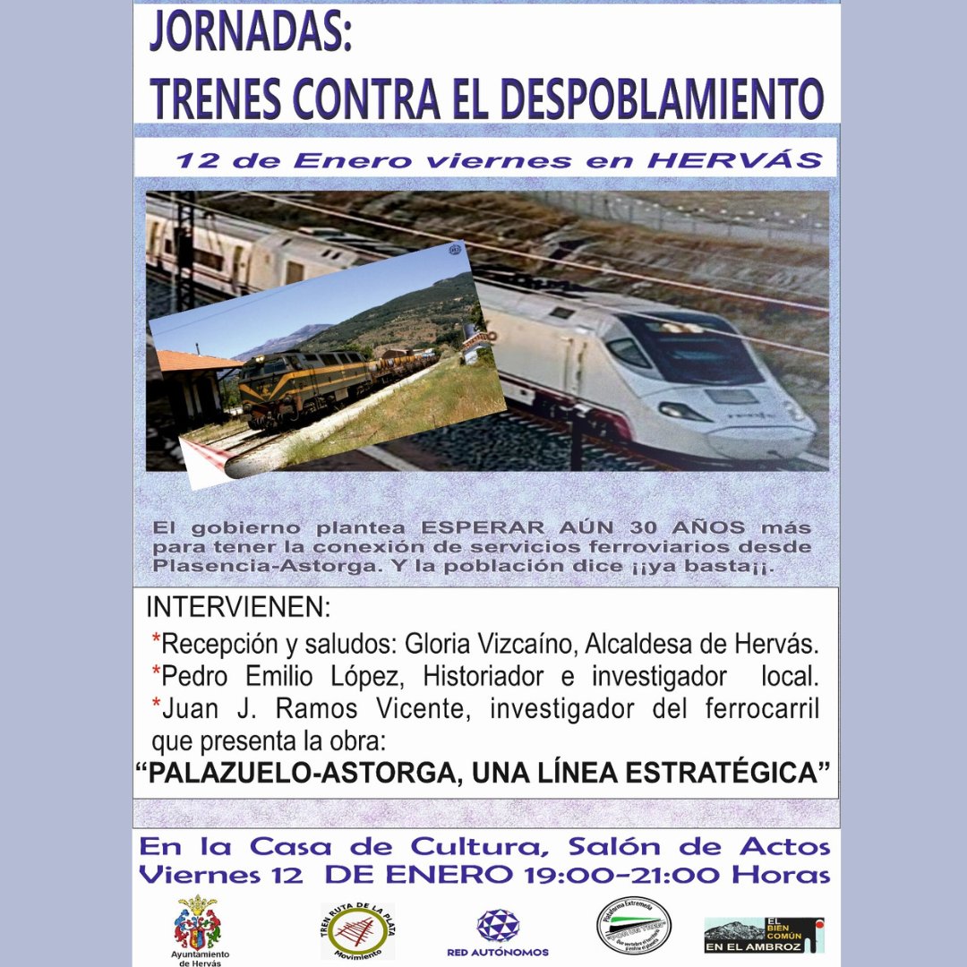 🚂 Mañana 12 de enero a las 19h en Hervás, ¡no te pierdas las Jornadas "Trenes contra el despoblamiento"!
¡Únete y descubre cómo el tren puede vertebrar nuestro territorio! 🌱🛤️ 
#TrenesVsDespoblamiento
#SubeteYa