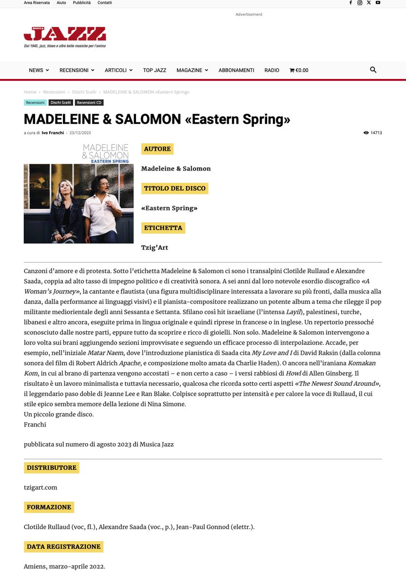 clotilderullaud's tweet photo. Thank you Ivo Franchi for this lovely review of #EasternSpring in @musica_jazz !
"A small but great album." https://t.co/mBF8fQ9Dr3 https://t.co/xEC03yX6OP