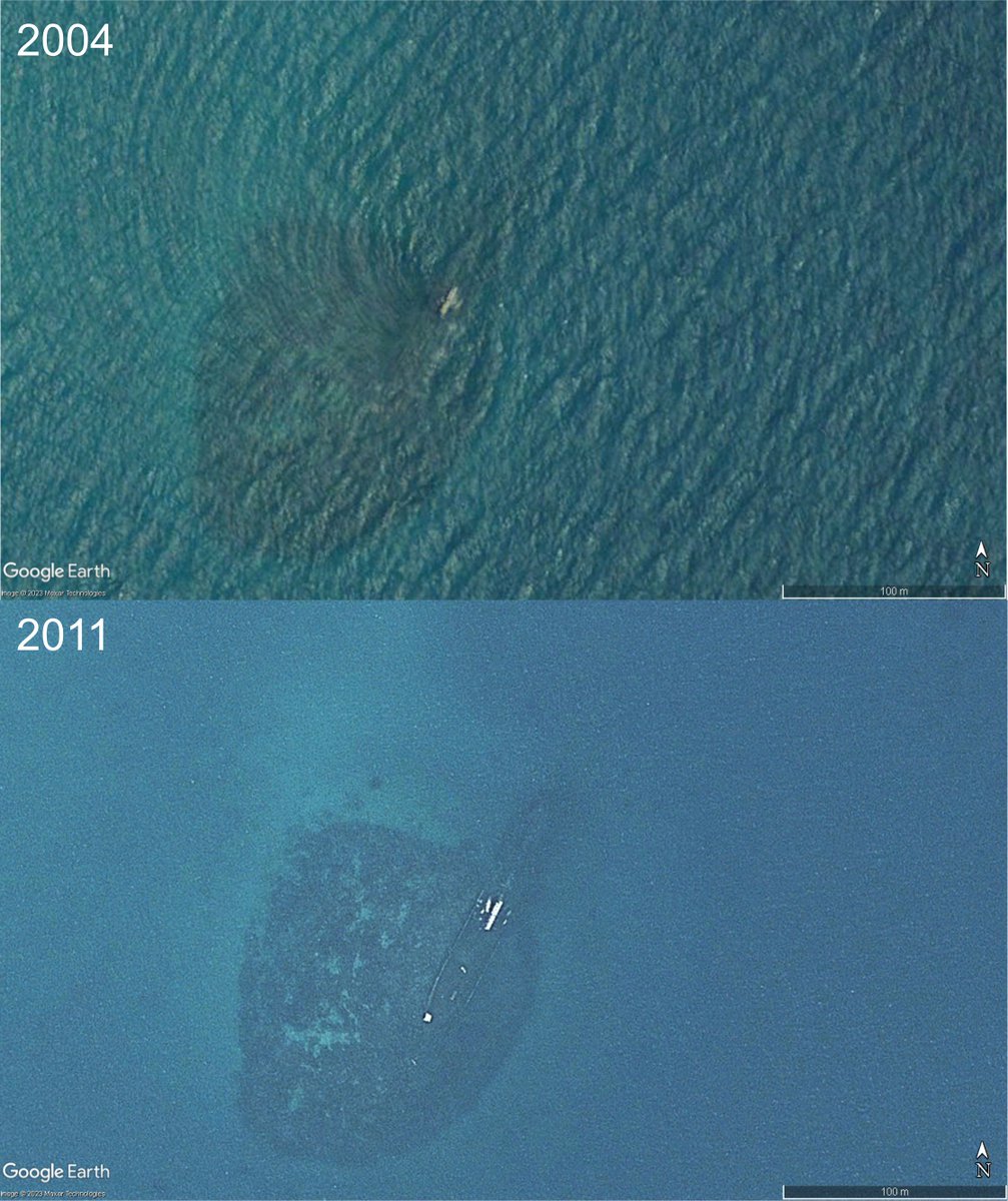 Even large shallow water #shipwrecks can be hard to spot from #SatelliteImagery. This one, (#Farasan Islands, southern #RedSea), poss. a late 19th/early 20th C. steamer, shows how detection depends on weather conditions at time of image acquisition. It’s not impossible though!