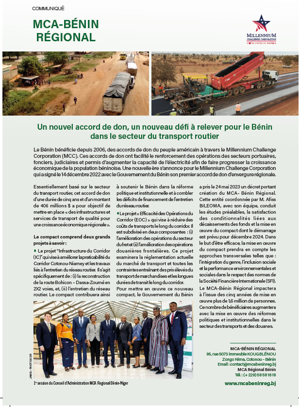 UcfBenin's tweet photo. MCA-Bénin Régional : Un nouvel accord de don, un nouveau défi à relever pour le Bénin dans le secteur de transport routier.
Lisez l’intégralité de l’article 👇sur le magazine JA3132 daté JANVIER 2024 édition spéciale BENIN à la page 165.
#jeuneafrique #Bénin #Transport #MCA #MCC https://t.co/TN4cPTT7cx