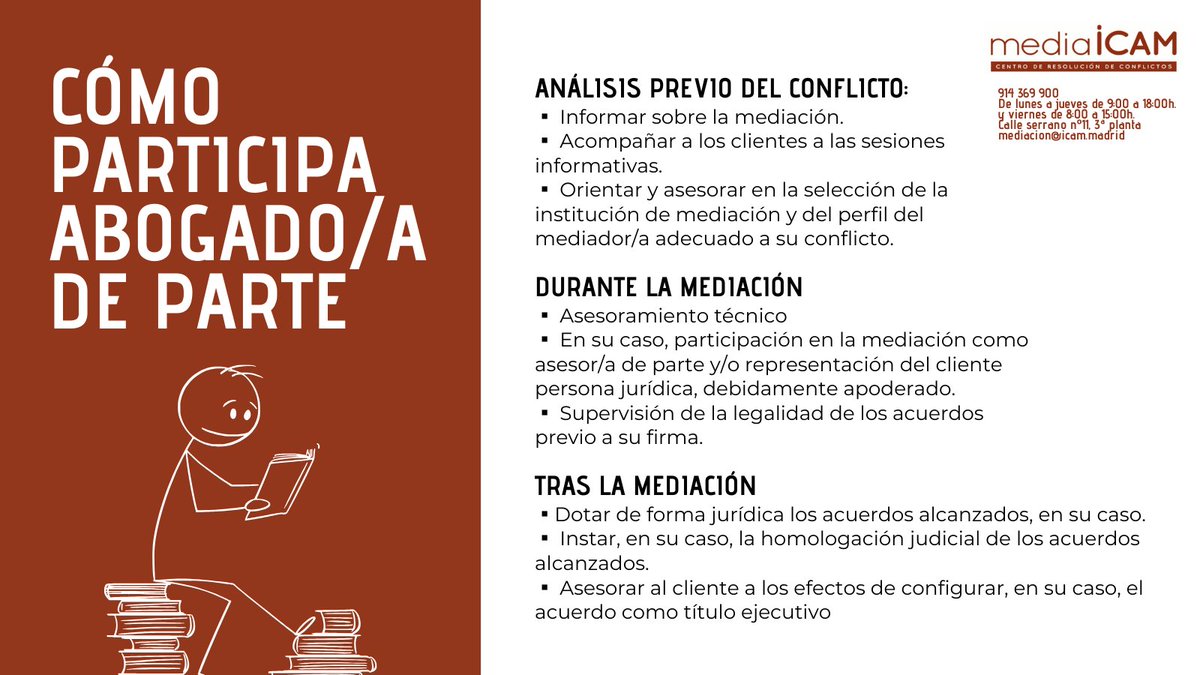 icam_es's tweet photo. 🔊#SemanadelaMediación
🔴¿Cómo participa un abogado/a de parte en un proceso de mediación?
Contacta con el servicio #MediaICAM en➡️ mediacion@icam.madrid si estás interesado/a en la mediación, ya seas ciudadano/a o abogado/a. https://t.co/F13giGSvsM